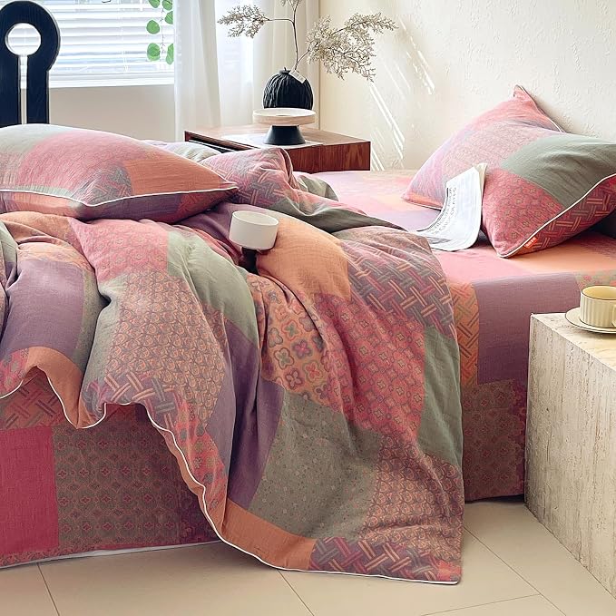 mixinni 100% Cotton Double Layer Yarn Duvet Cover Set, Vintage Patchwork Floral - Image 3