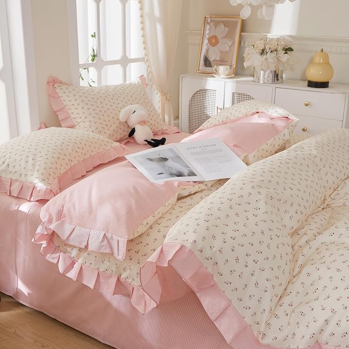 mixinni Pink Floral Duvet Cover Set Twin Size – 100% Cotton Ruffle Lace Bedding - Image 4