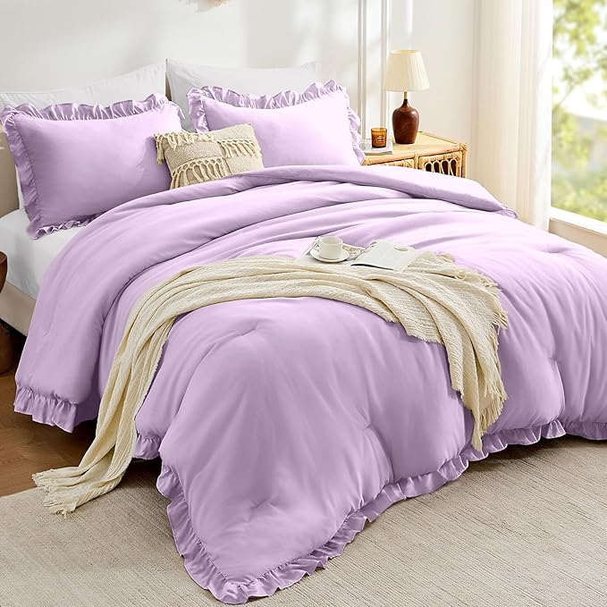 FUANNA Queen Comforter Set Lavender, 3 Pieces Ruffle Queen Bed Set, Fluffy Bed by FUANNA