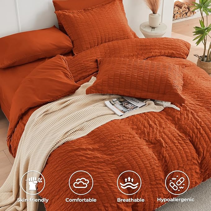 HYMOKEGE Burnt Orange Duvet Cover Queen Size, Ultra Soft 3-Piece Seersucker - Image 2