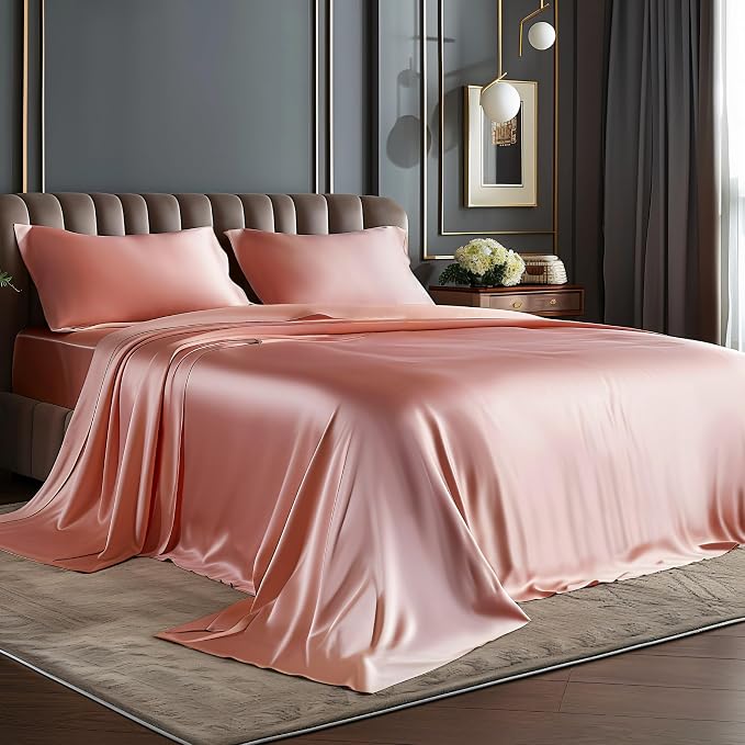 BEDELITE California King Sheets Set, Luxury Soft Rose Pink Satin Sheets by BEDELITE