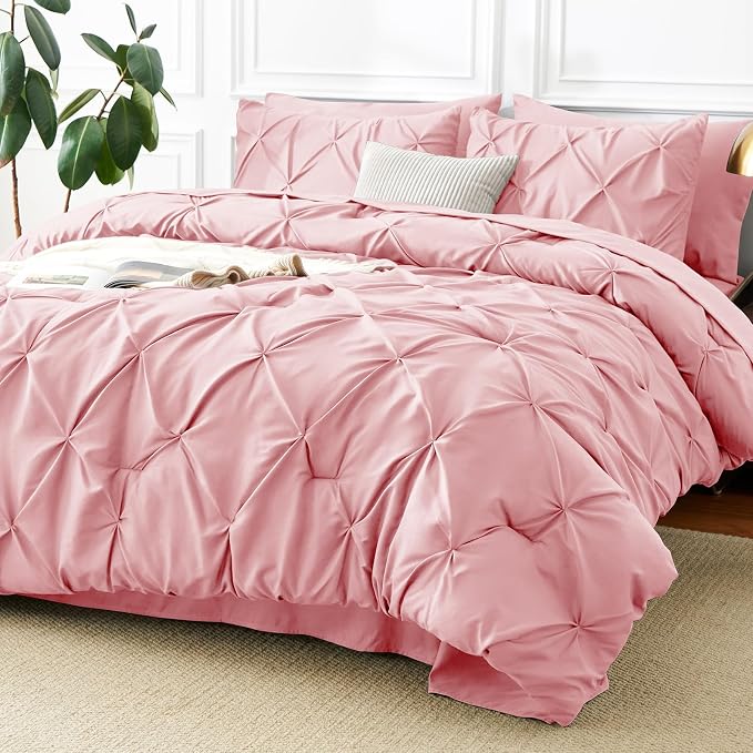 CozyLux Full Size Comforter Sets Pink, 7 Pieces Pintuck Bed in A Bag Pink by CozyLux