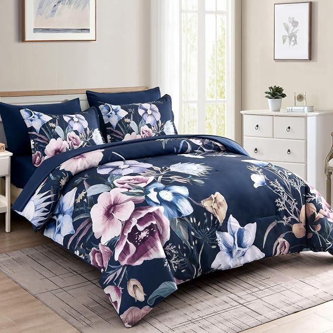 Luxudecor Floral Comforter Set King Size 7 Piece, Elegant Comforter Bedding Set - Image 2