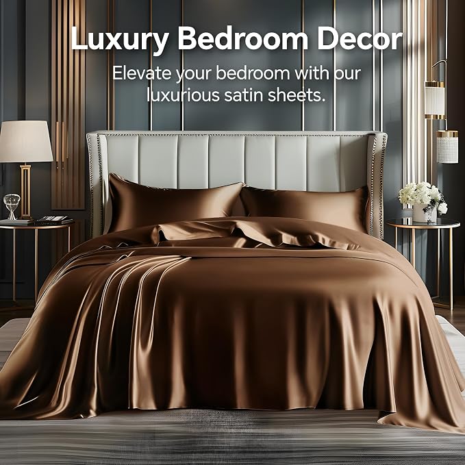BEDELITE Satin Sheets Full Size Bed Set, Luxury Soft Brown Silky Sheets - Image 2