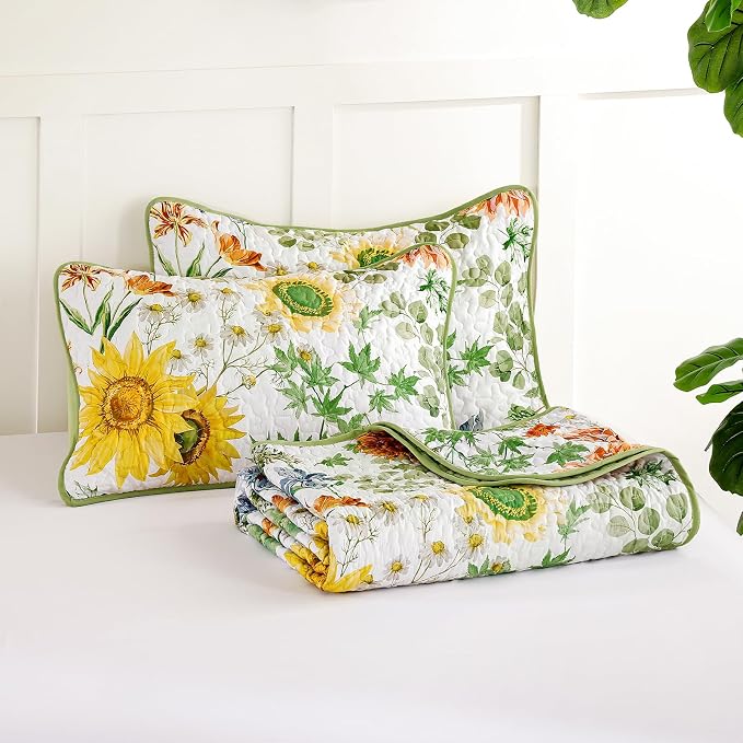 Yiran Floral King Quilt Bedding Set, Sage Green Sunflower Colorful Bedspreads - Image 9