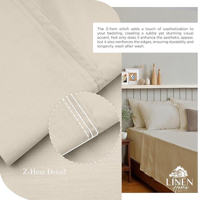 Linen Home 100% Cotton Percale Sheets Queen Size, Light Taupe, Deep Pocket - Image 3
