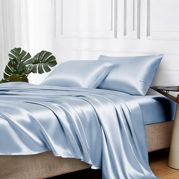 MR&HM Satin Bed Sheets with Elastic Corner Straps, King Size Sheets Set by MRHM