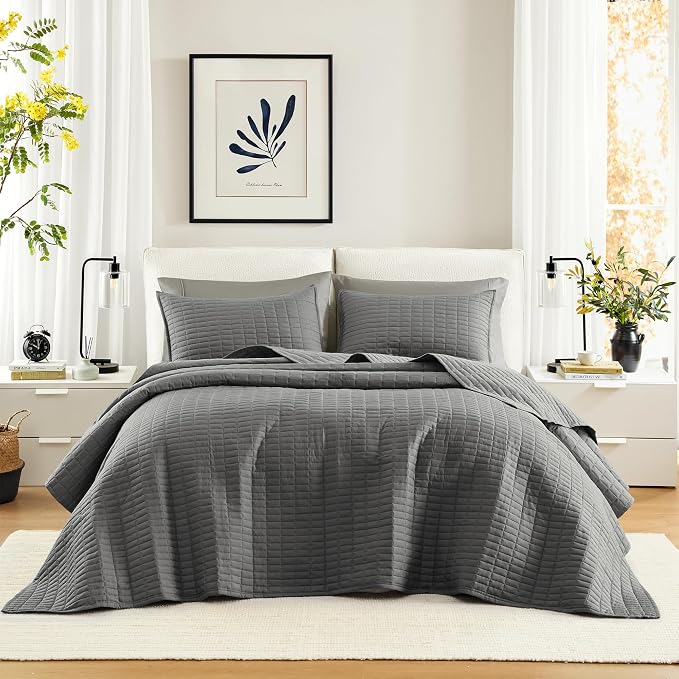 Comfort Spaces Charcoal Oversized King Quilt Set 120"x118" Bedspread Quilted by ComfortSpaces