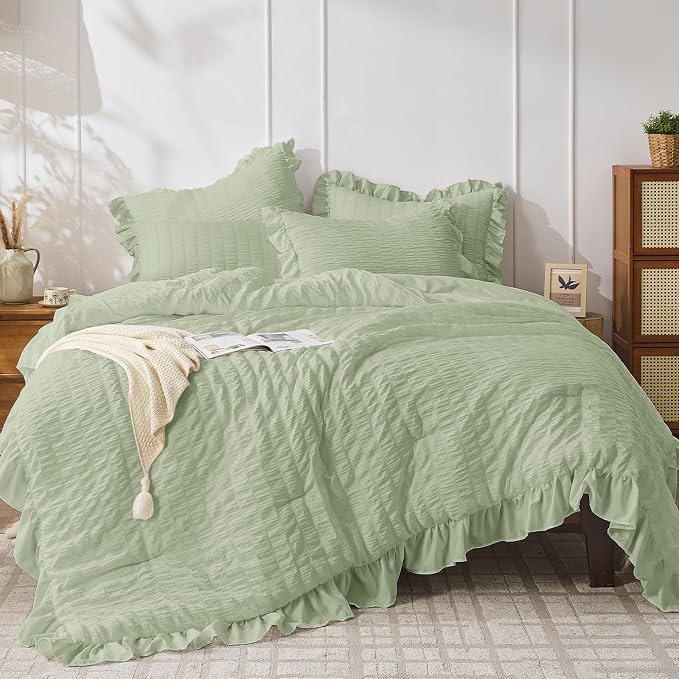 JOLLYVOGUE Sage Green King Comforter Set, 3 Pieces Seersucker Comforters King by JOLLYVOGUE