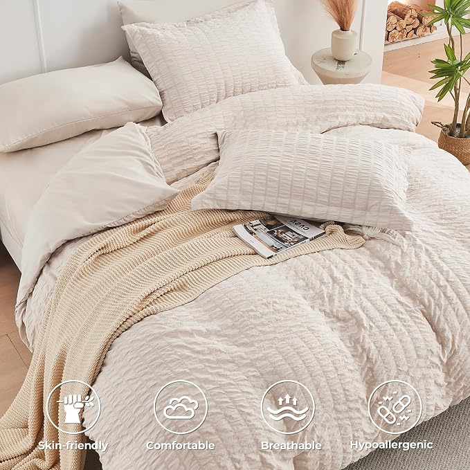 HYMOKEGE Beige Twin Size Duvet Cover, Ultra Soft 2-Piece Seersucker Duvet Cover - Image 2