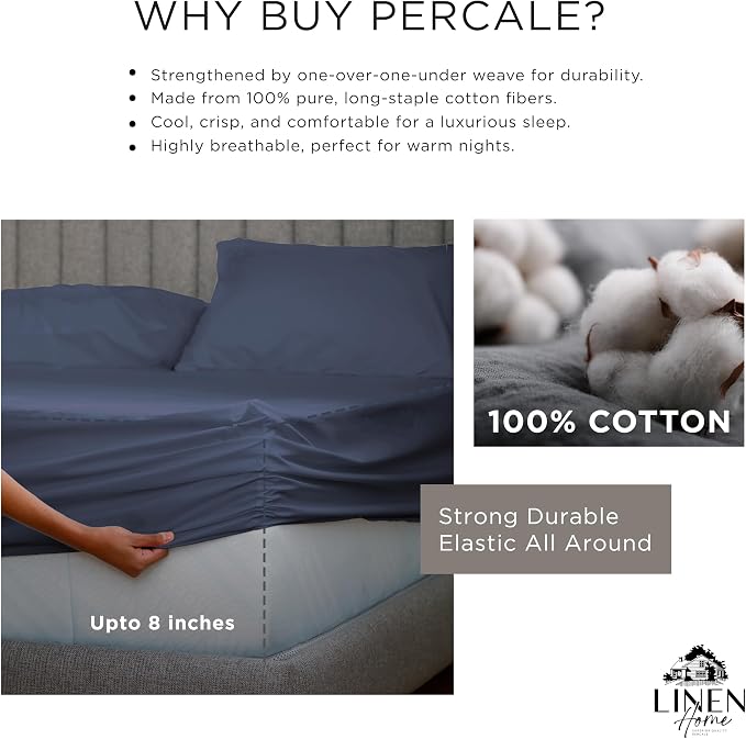 Linen Home 100% Cotton Percale Sheet Set, Twin Size, Dark Blue, Deep Pocket - Image 4