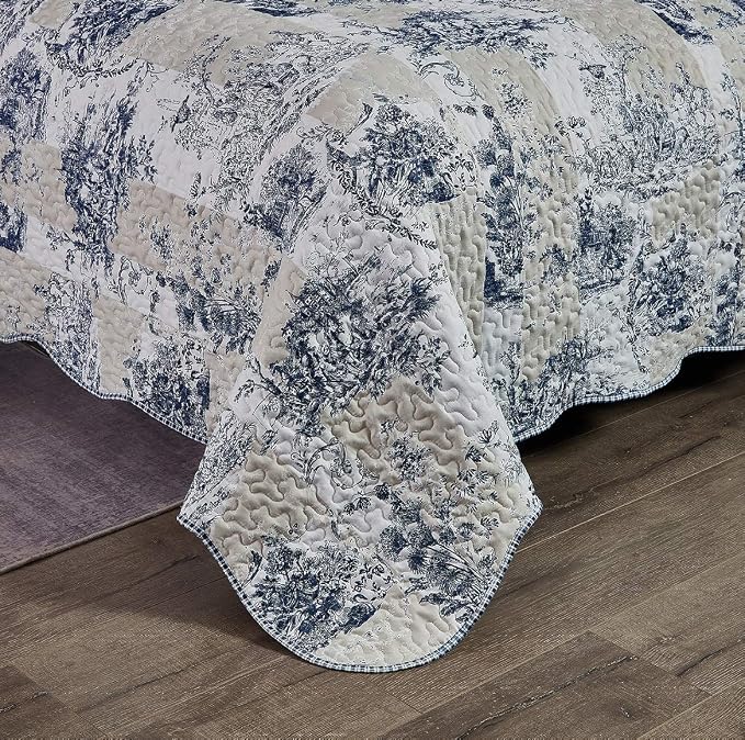 Brilliant Sunshine Blue Toile in Beige and Ivory Patches, 2-Piece Quilt Set - Image 5