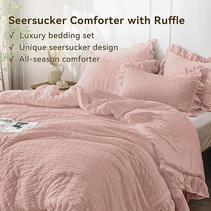 JOLLYVOGUE Twin Size Comforter Set, 2 Pieces Rose Gold Seersucker Lightweight - Image 3