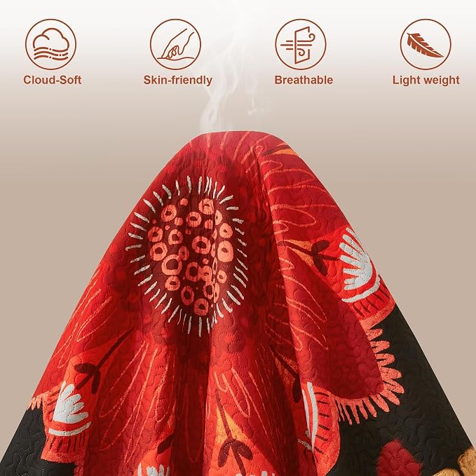 Tyrot 3 Piece Black Red Boho Floral Quilt Sets Full/Queen Farmhouse Reversible - Image 5