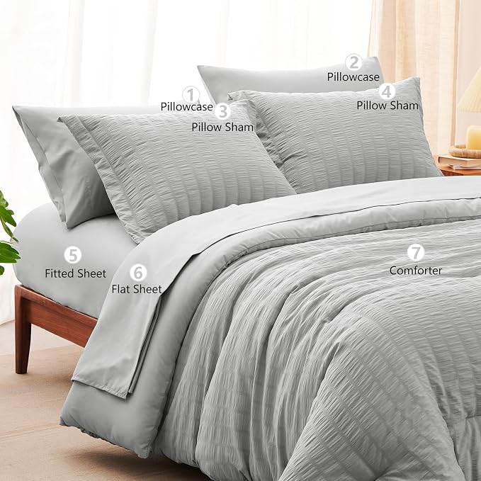 CozyLux King Size Comforter Set Light Grey Seersucker 7 Pieces Bed in a Bag - Image 8