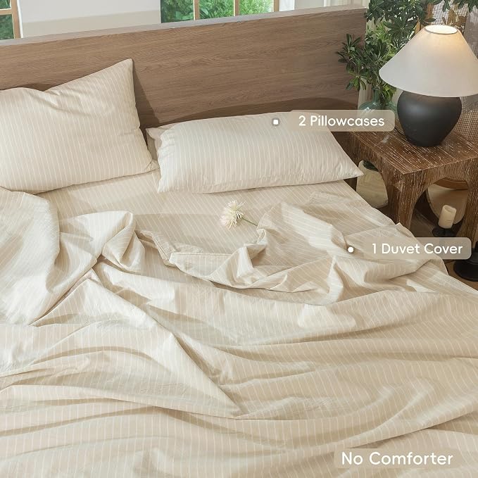 MooMee Striped Duvet Cover Set 100% Washed Cotton Linen Like Textured - Image 2
