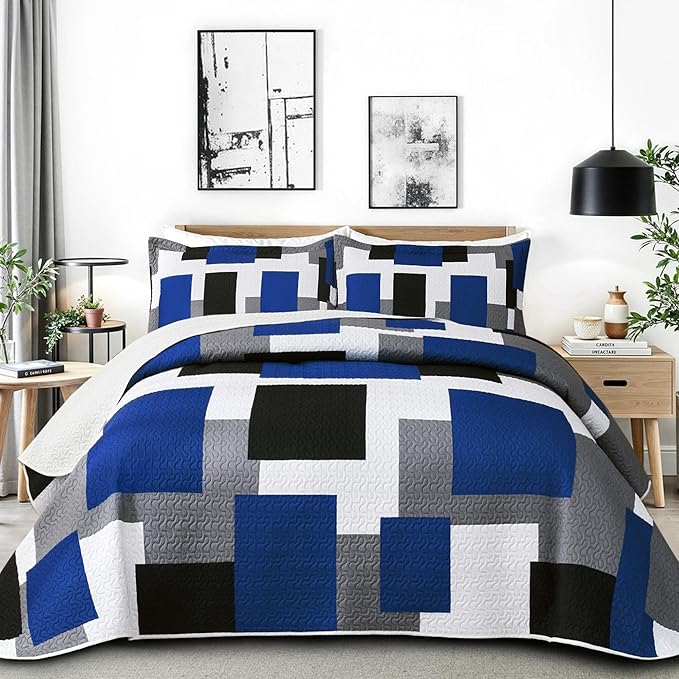 Tyrot 2 Piece Blue White Grey Quilt Set Twin Size Black White Geometric by TyrotHomeDecor