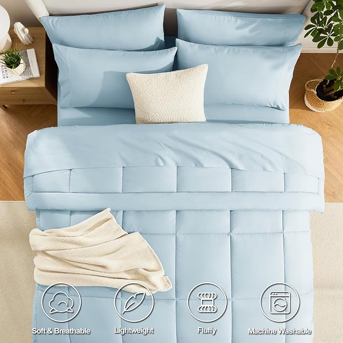CozyLux Queen Comforter Set Light Blue, 7 Pieces Bed in a Bag, All Season - Image 2
