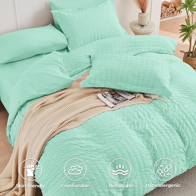 HYMOKEGE Mint Green California King Comforter Set Seersucker 7 Pieces, All - Image 3