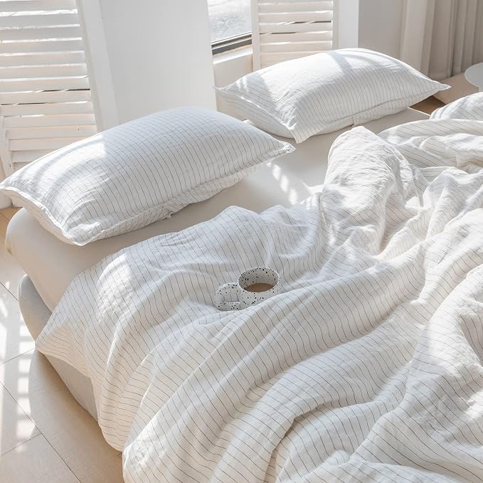 Simple&Opulence 100% Linen Duvet Cover Set 3pcs Yarn Dyed Vertical Pinstripe by SimpleOpulence