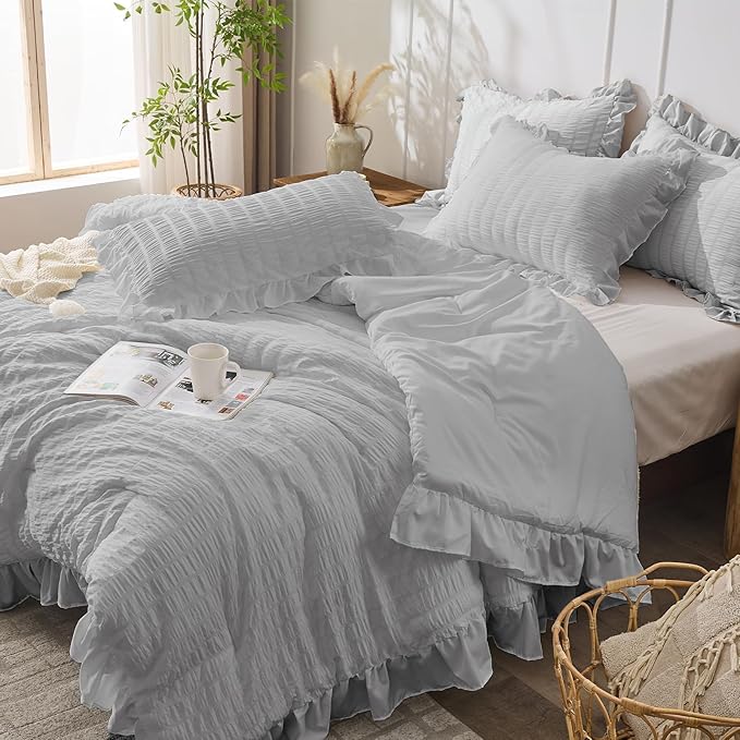 JOLLYVOGUE Light Grey King Comforter Set, 3 Pieces Seersucker Comforters King - Image 8