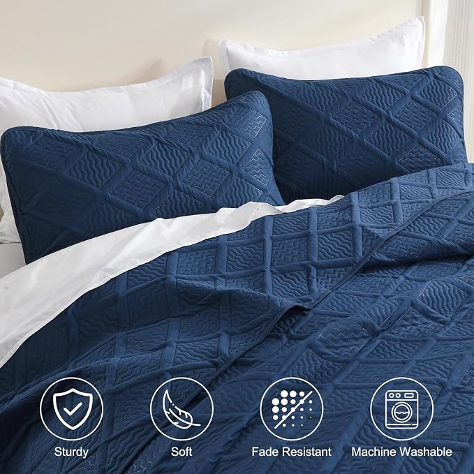 Yiran Navy Blue Quilt Set King Size Fall Bedspreads Embossed Diamond Pattern 3 - Image 4