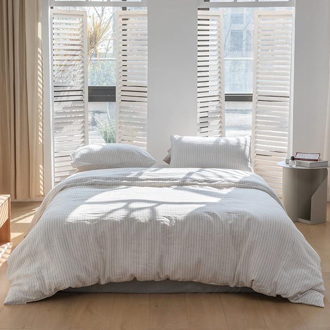 Simple&Opulence 100% Linen Duvet Cover Set 3pcs Yarn Dyed Vertical Pinstripe - Image 7