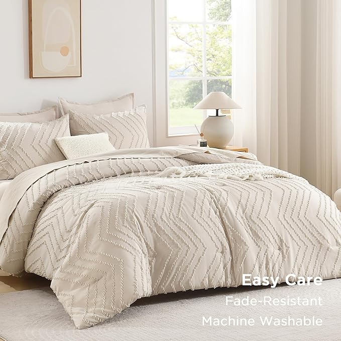 Andency Queen Comforter Set Beige, Comforters Queen Size Boho Cream Soft Warm - Image 3