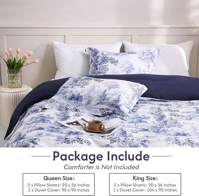 LONAVA Queen Botaincal 3 Pcs Duvet Cover Set, Breathable Soft Microfiber Navy - Image 6