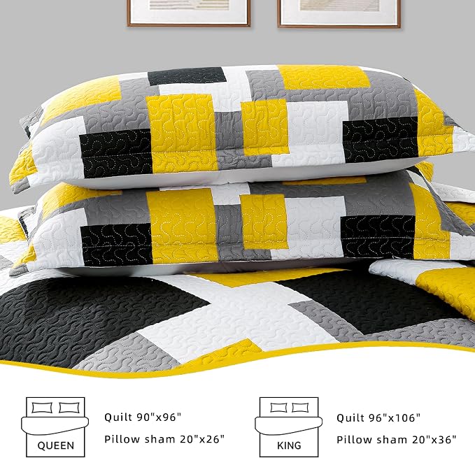 Tyrot 2 Piece Yellow Grey Quilt Set Twin Size Yellow Gray White Geometric - Image 7