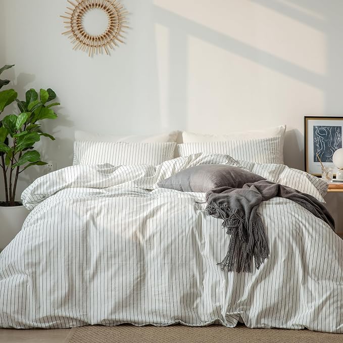 MooMee Striped Duvet Cover Set 100% Washed Cotton Linen Like Textured - Image 3