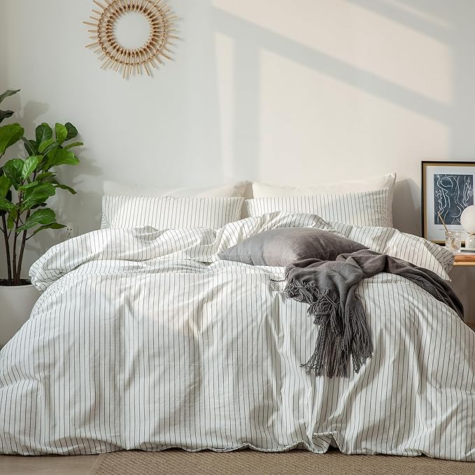 MooMee Striped Duvet Cover Set 100% Washed Cotton Linen Like Textured - Image 3