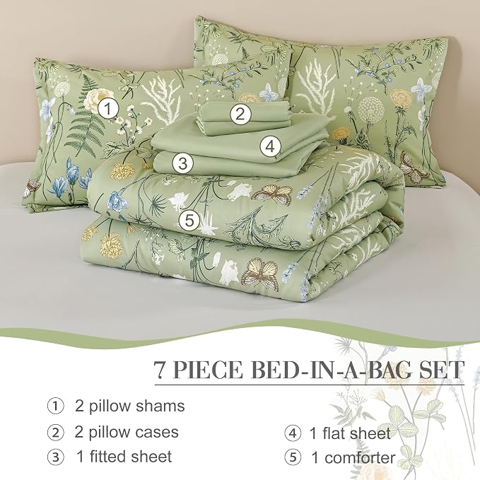 Yiran Sage Green Floral Comforter Set Queen Size, 7 Piece Botanical Comforter - Image 8