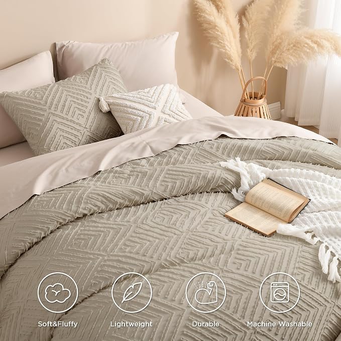 Andency Oatmeal King Size Comforter Set, 3 Pieces Boho Bedding Set & Collections - Image 4