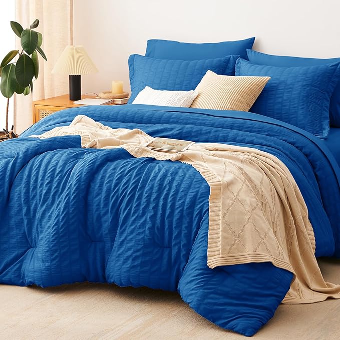 CozyLux King Size Comforter Set Classic Blue Seersucker 7 Pieces Bed in a Bag by CozyLux