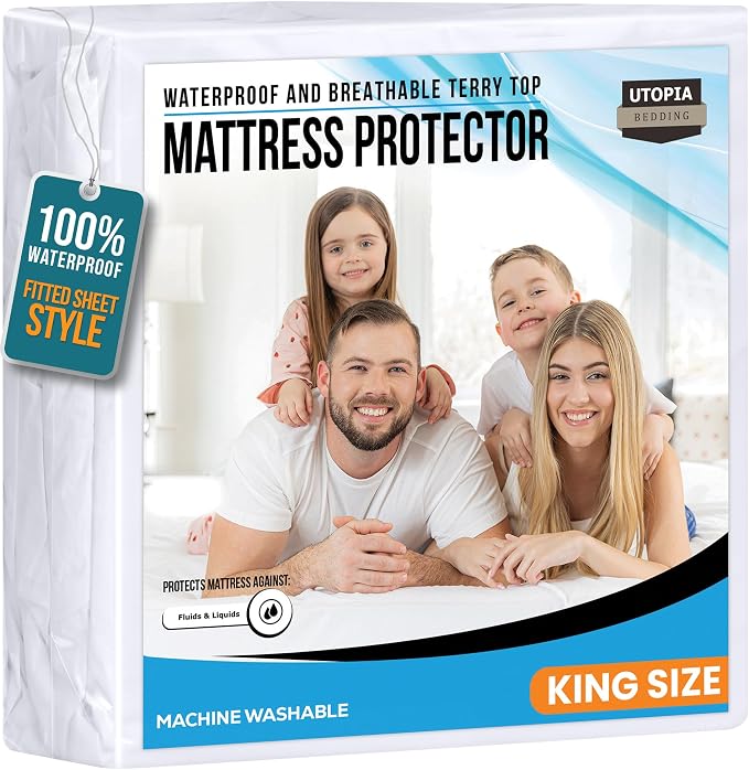 King Size Mattress Protector Waterproof, Premium 200 GSM Terry Mattress Cover by UTOPIABEDDING