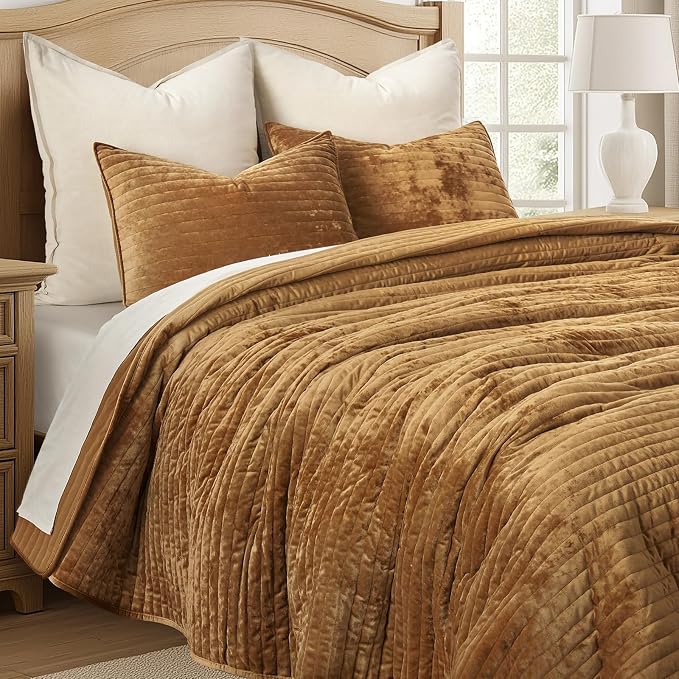 EVERGRACE Velvet Quilt Set King Size, Luxurious Soft Striped Channel Bedding Set - Image 6