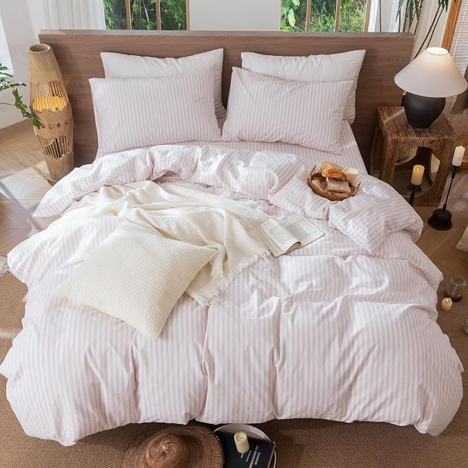 MooMee Striped Duvet Cover Set 100% Washed Cotton Linen Like Textured - Image 5