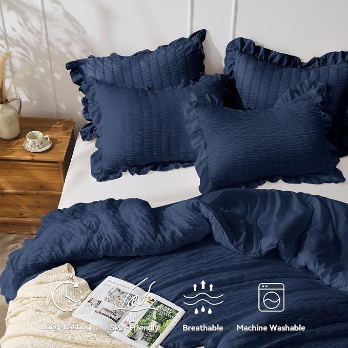 JOLLYVOGUE Navy Blue Twin Size Comforter Set, 2 Pieces Seersucker Lightweight - Image 3