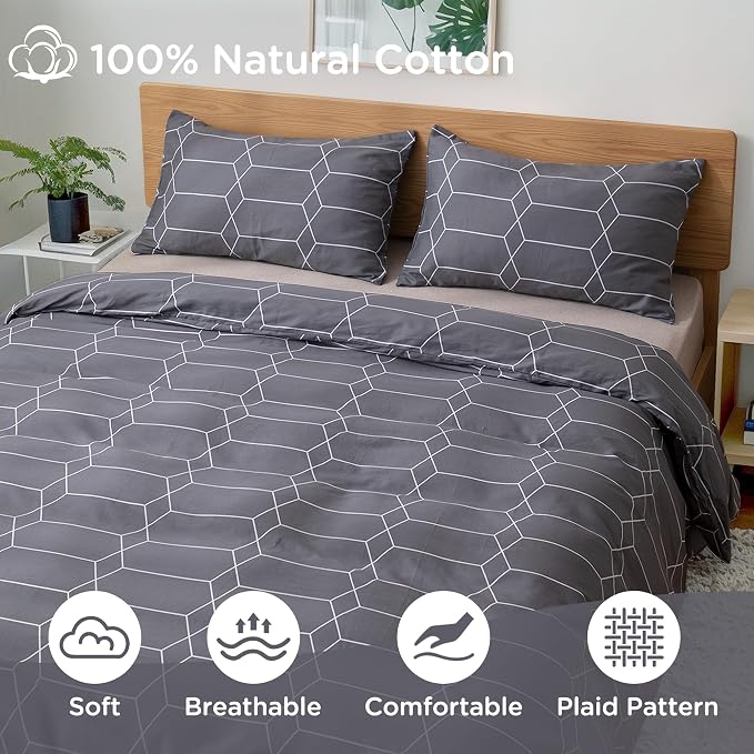 TOCOMOA Plaid Duvet Cover Set 100% Natural Cotton Soft Comfy Breathable 3 Piece - Image 4