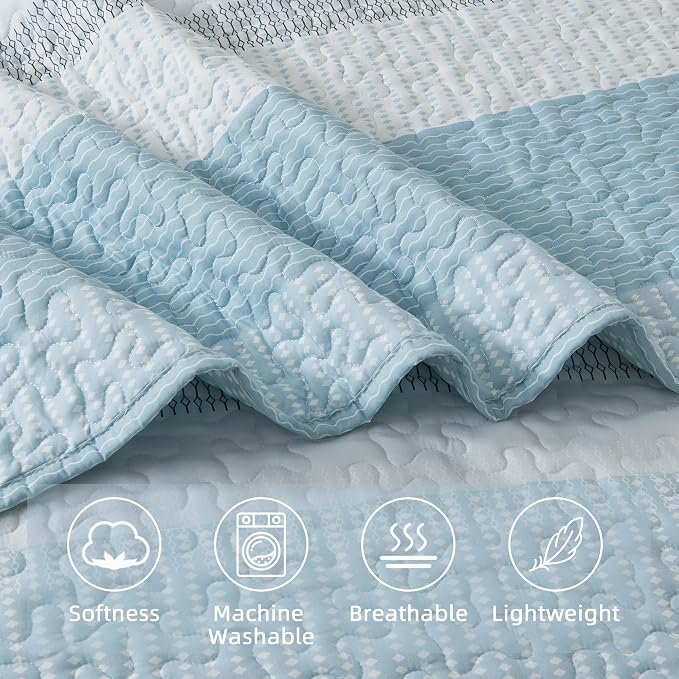 Andency Queen Quilt Bedding Set Aqua Blue, 3 Pieces Patchwork Summer Striped - Image 5