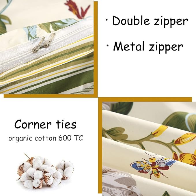 FADFAY Floral Duvet Cover Set 100% Cotton Green and Beige Striped Dorm Room - Image 3