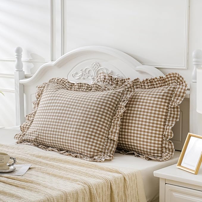 2 Pack Taupe White Plaid Gingham Ruffle Pillow Shams Standard Size 20x26 inches - Image 3