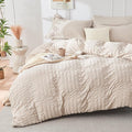 HYMOKEGE Beige Duvet Cover Full Size, Ultra Soft 3-Piece Seersucker Duvet Cover by HYMOKEGE