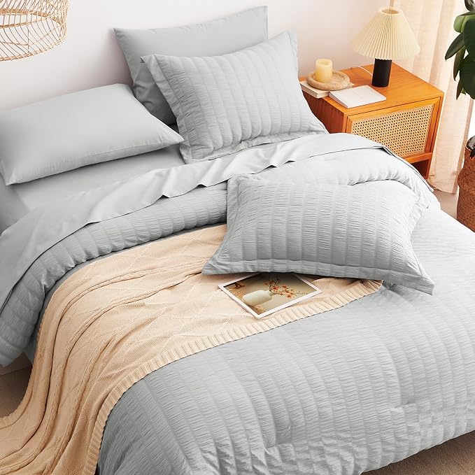 CozyLux Oversized Queen Comforter Set Light Grey Seersucker 7 Pieces 98x98 Bed - Image 6