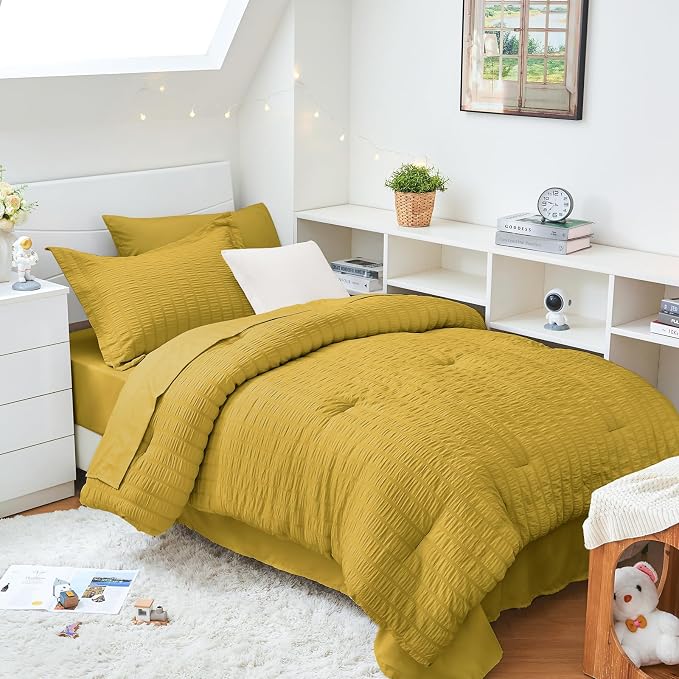 HYMOKEGE Mustard Yellow Twin XL Comforter Set Seersucker 5 Pieces, All Season by HYMOKEGE