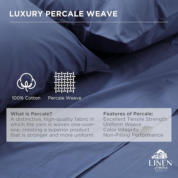 Linen Home 100% Cotton Percale Weave Fitted Sheet, Queen Size, Dark Blue - Image 2