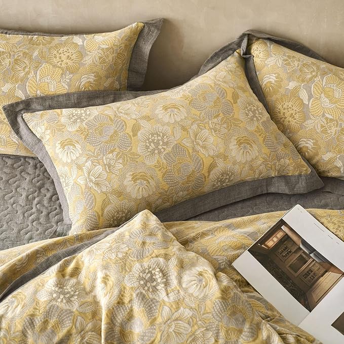mixinni Duvet Cover Queen, Premium Cotton Double-Layer Yarn Golden Floral - Image 5