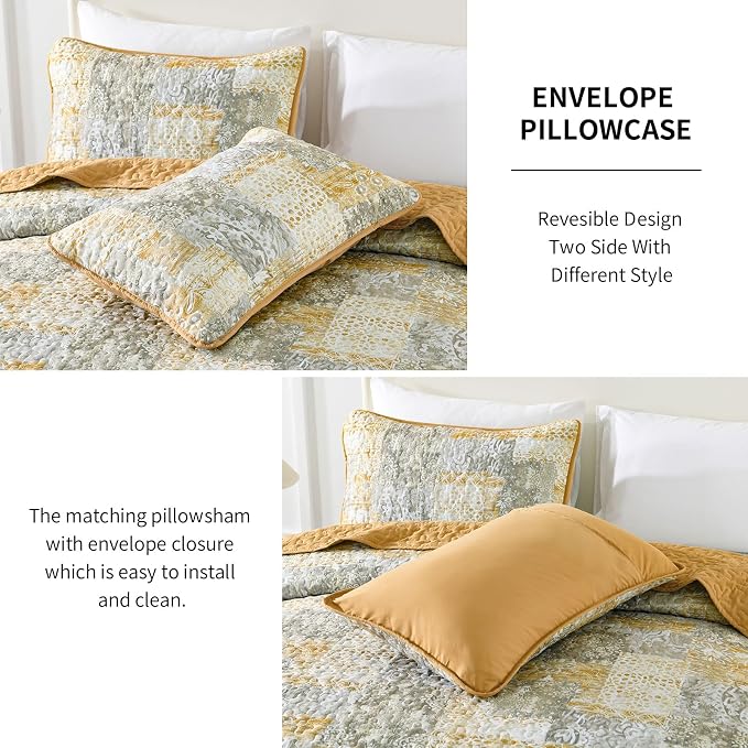 Mybedsoul Yellow Boho Quilt Set Queen Size 3 Pieces Grey and Yellow Plaid - Image 5
