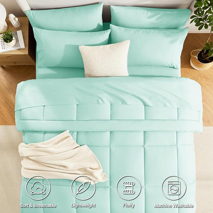 CozyLux Queen Comforter Set Mint Green, 7 Pieces Bed in a Bag, All Season - Image 2